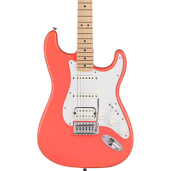 Squier Sonic Stratocaster HSS Electric Guitar Bundle w/White Pickguard, Maple FB, Tahitian Coral