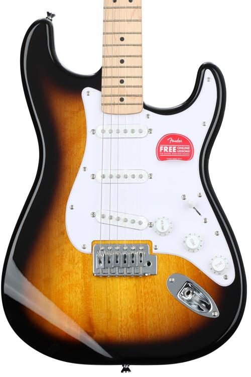 Squier Sonic Stratocaster Electric Guitar Bundle w/White Pickguard, Maple FB, 2-Color Sunburst