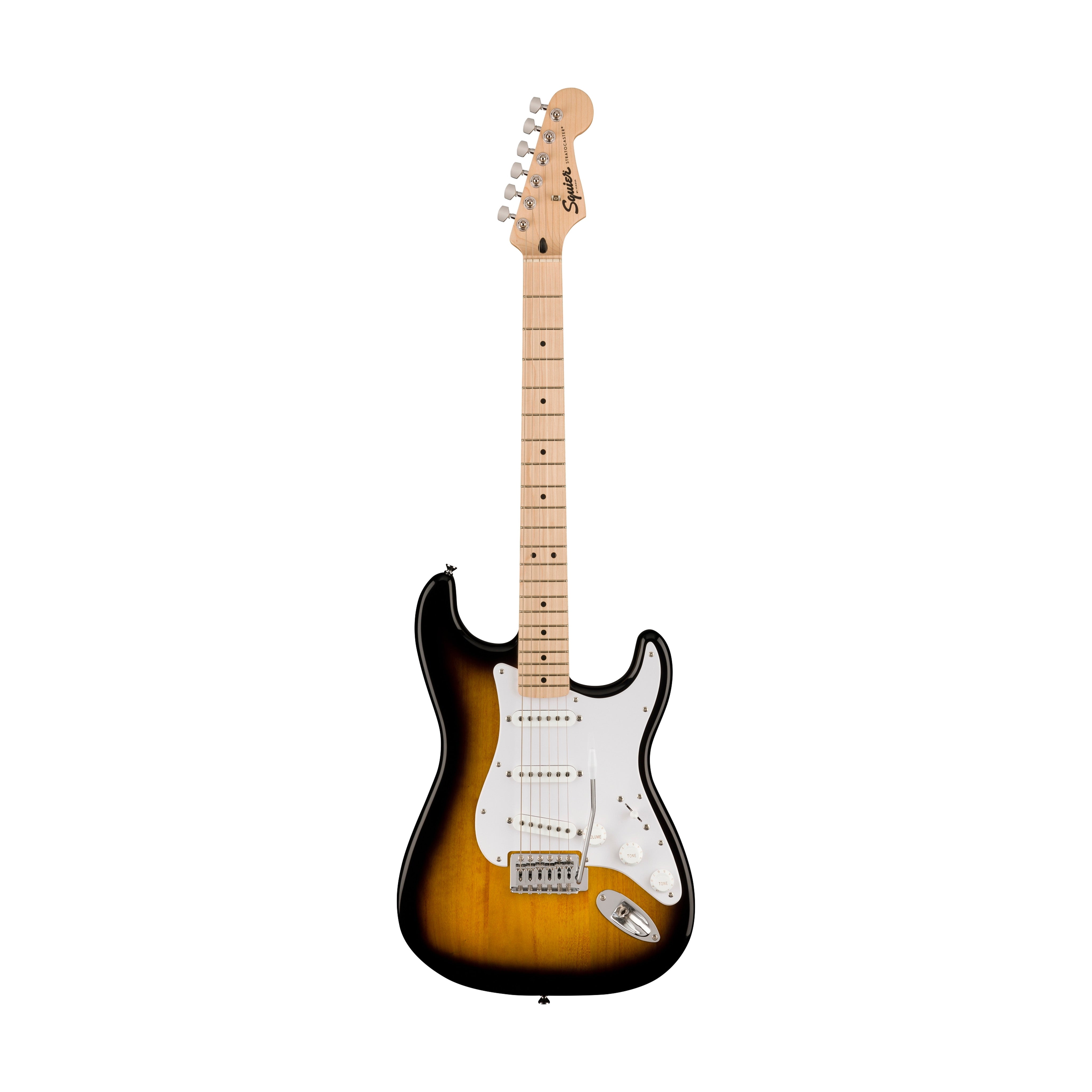 Squier Sonic Stratocaster Electric Guitar Bundle w/White Pickguard, Maple FB, 2-Color Sunburst
