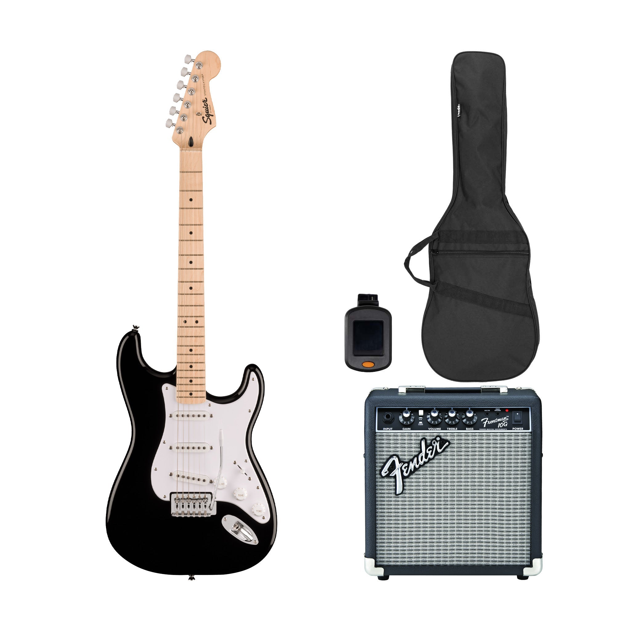Squier Sonic Stratocaster Electric Guitar Bundle w/White Pickguard, Maple FB, Black | Zoso Music Sdn Bhd