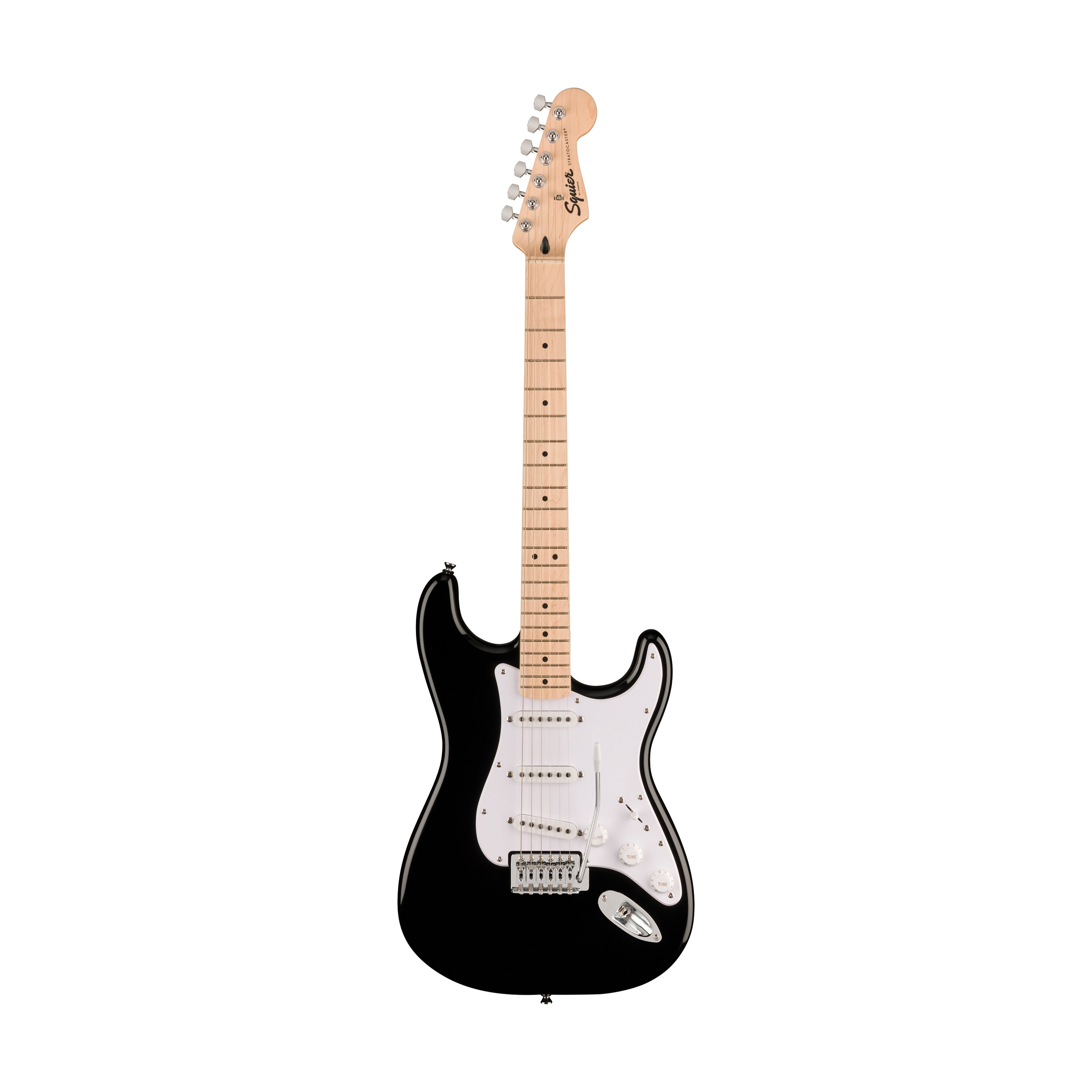 Squier Sonic Stratocaster Electric Guitar Bundle w/White Pickguard, Maple FB, Black