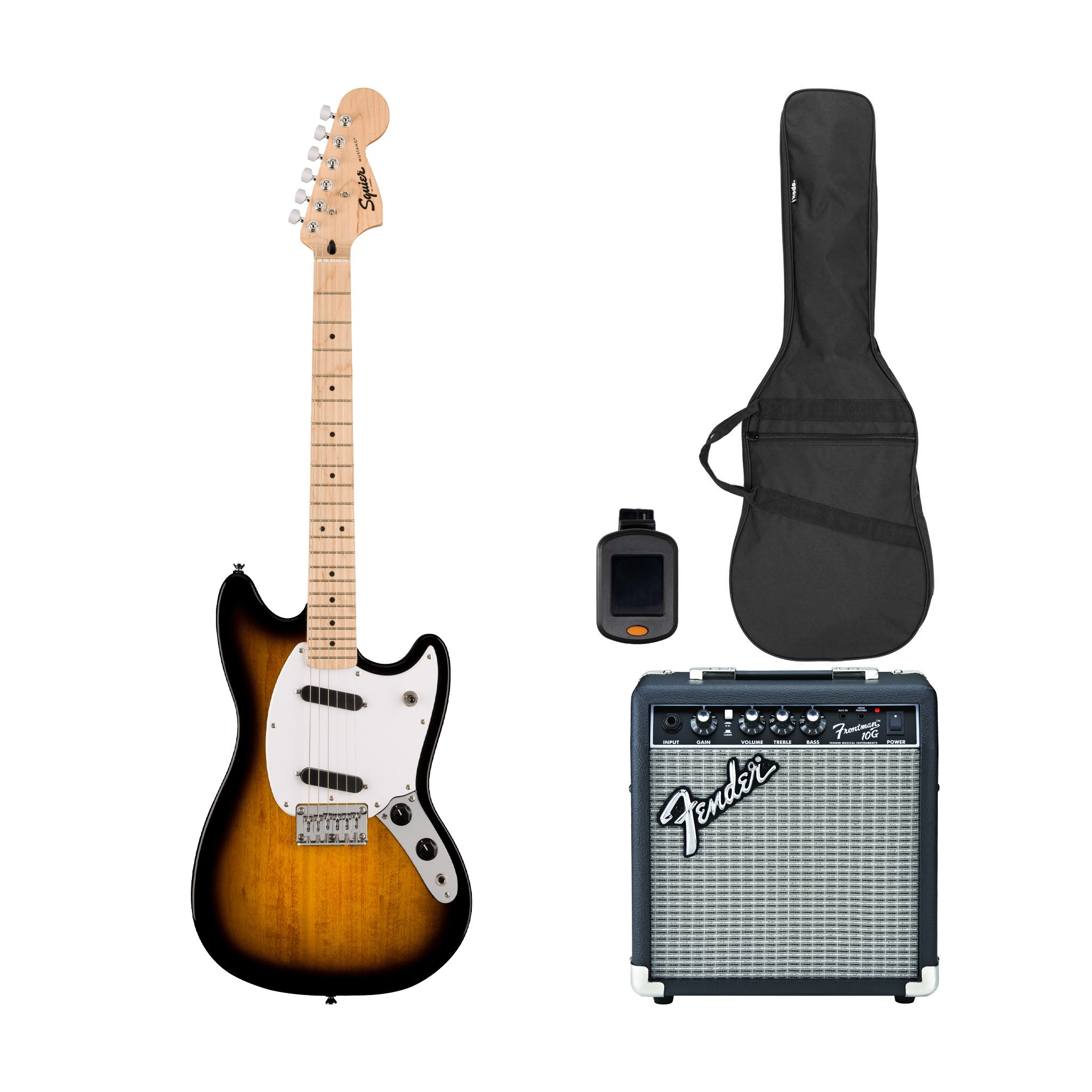 Squier Sonic Mustang Electric Guitar Bundle w/White Pickguard, Maple FB, 2-Color Sunburst | Zoso Music Sdn Bhd