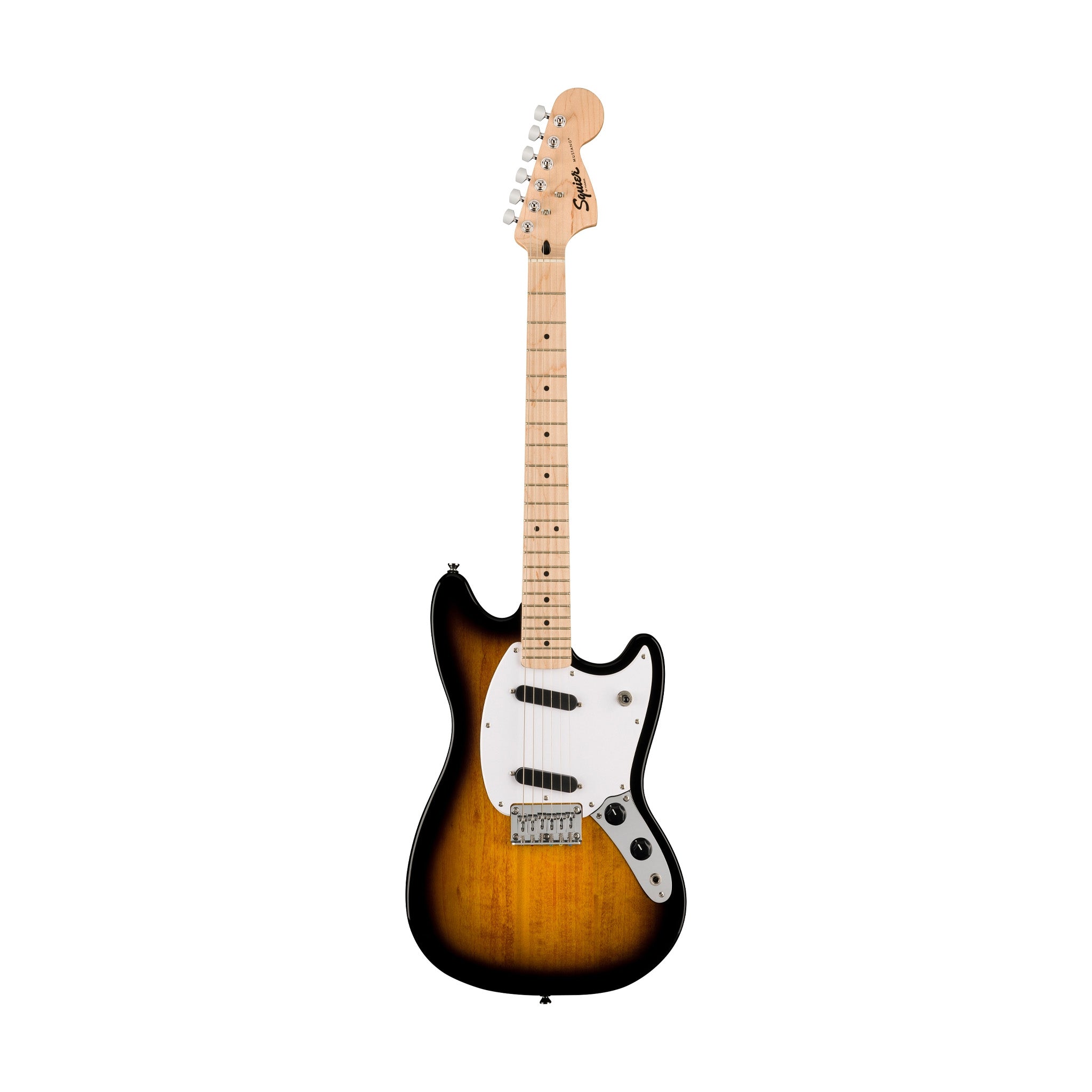 Squier Sonic Mustang Electric Guitar Bundle w/White Pickguard, Maple FB, 2-Color Sunburst