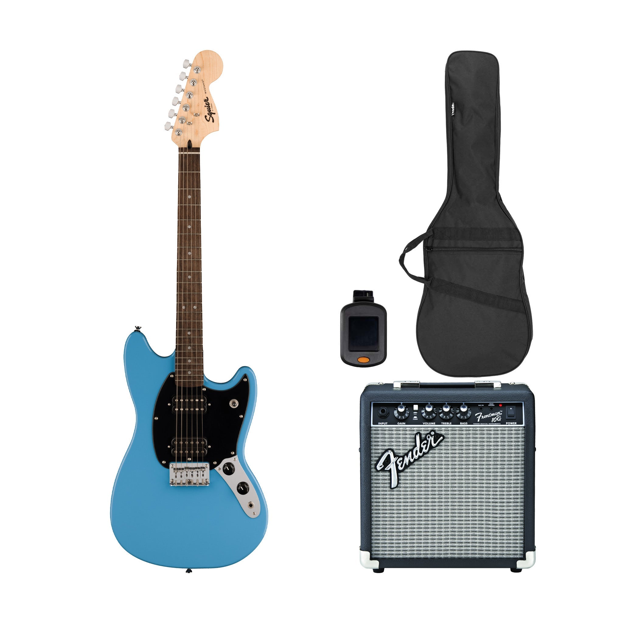 Squier Sonic Mustang HH Electric Guitar Bundle w/Black Pickguard, Laurel FB, California Blue | Zoso Music Sdn Bhd