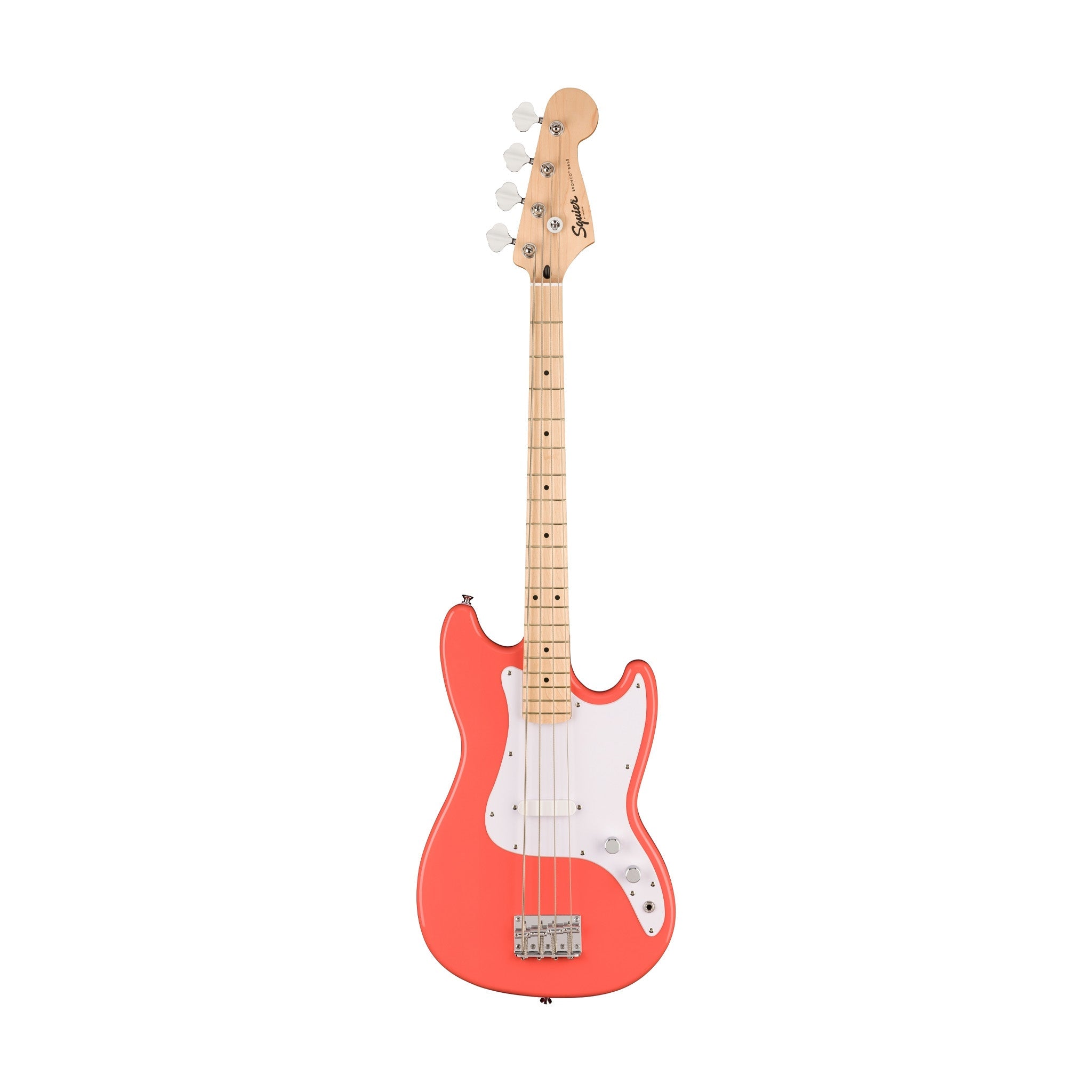 Squier Sonic Bronco Bass Guitar Bundle w/White Pickguard, Maple FB, Tahitian Coral