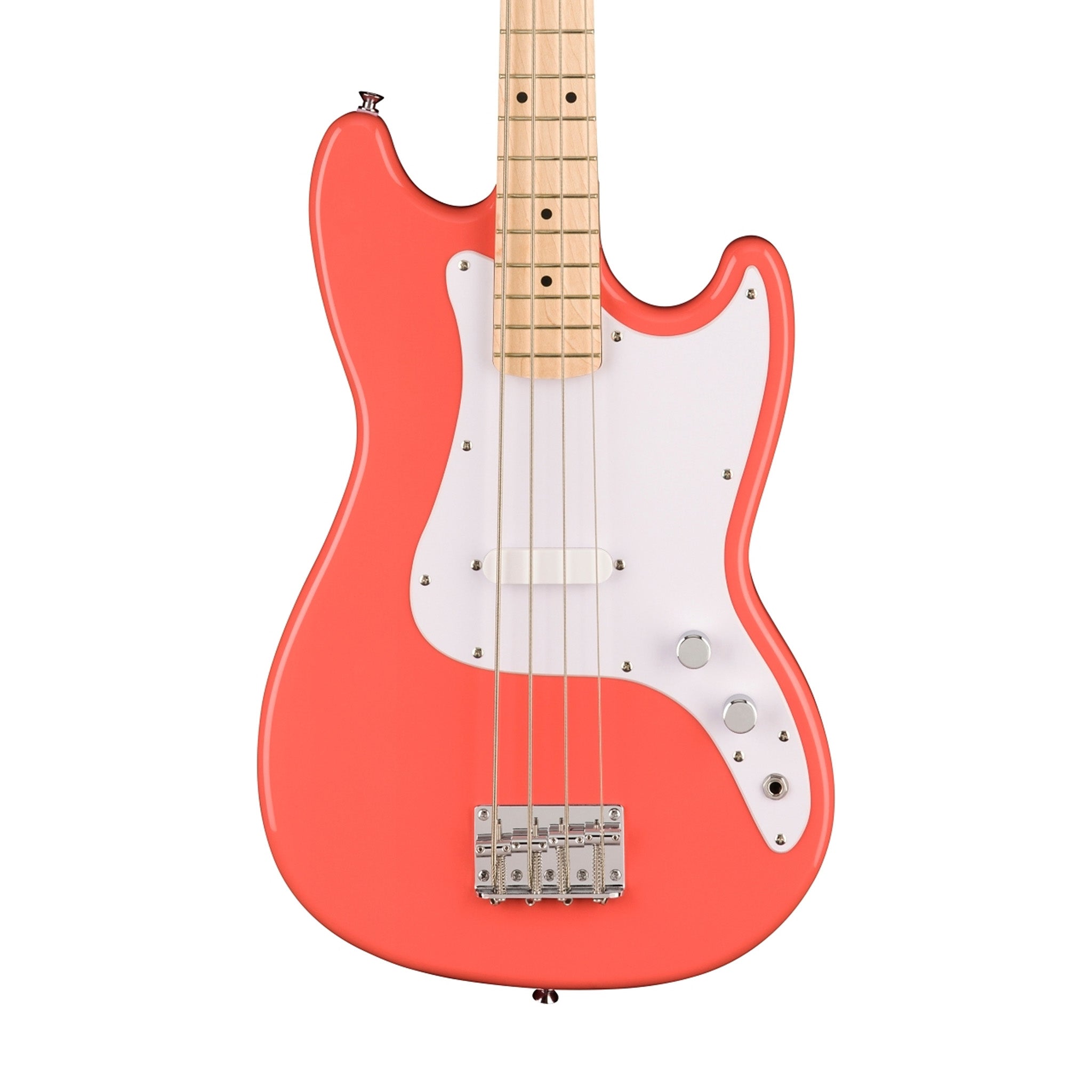 Squier Sonic Bronco Bass Guitar Bundle w/White Pickguard, Maple FB, Tahitian Coral